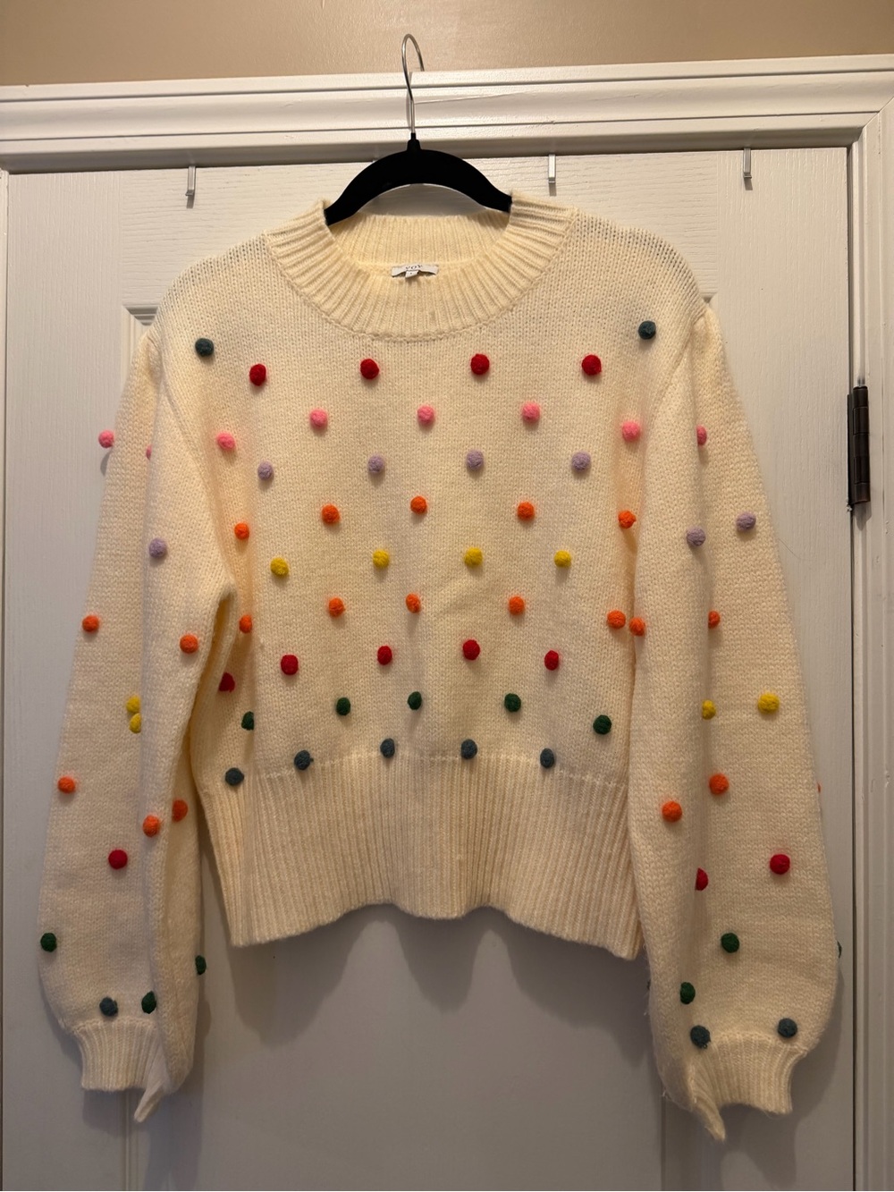 VOY Cream Pom Pom Sweater Multicolor Knit Size L NWOT